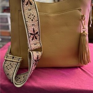 Vegan Leather Tan Shoulder Bag with Embroidered Strap used once